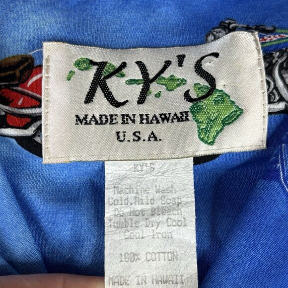 Vintage KY's Hawaiian Shirt Men's L‎ Motorcycle Ocean Mountain Beach Hut Scene - Picture 4 of 15
